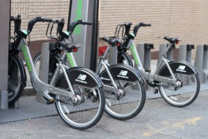 Hubway bikes parked on Stoughton St.