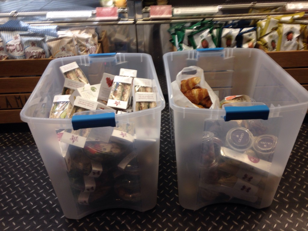 Bins of leftover food from Pret A Manger are donated to local charities through Rescuing Leftover Cuisine in Boston. (Photo: Libby Allen/BU News Service)