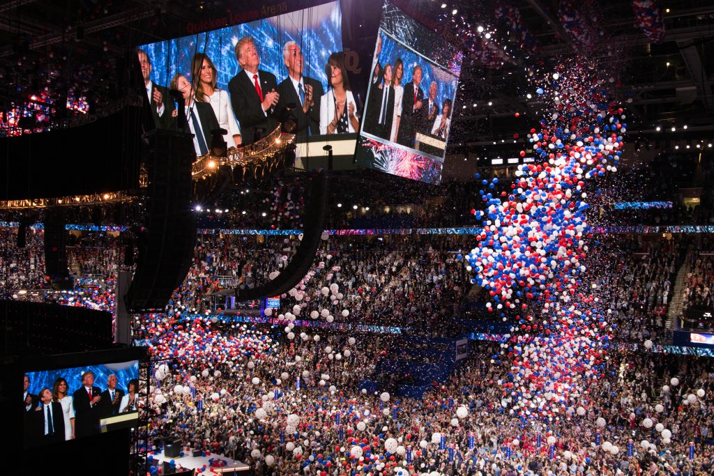 Confetti and balloons filled the Quicken Loans Arena in celebration after Donald Trump's acceptance speech. Photo by Pankaj Khadka/BUNS