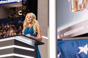 Cleveland, Ohio. July 19, 2016. Tiffany Trump, daughter of Donald Trump, the Republican Party's presidential nominee, during her speech at the second day of the Republican National Convention at Quicken Loans Arena merely hours after her father claimed the nomination. Photo by Pankaj Khadka/BUNS