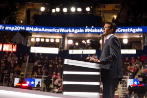 Cleveland, Ohio. July 19, 2016. Donald Trump Jr., the eldest son of the Republican Party's presidential nominee Donald Trump, talks about the strenght of his father on the second day of the Republican National Convention at Quicken Loans Arena on Tuesday. Photo by Pankaj Khadka/BUNS