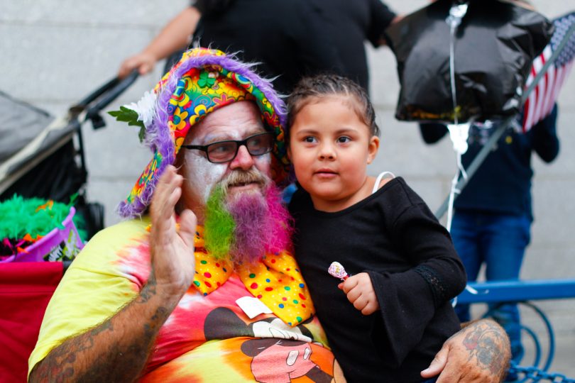 Big Dave, the clown, at the Columbus Day Parade in East Boston, on Sunday, Oct. 7. Photo by Flaviana Sandoval / BU News Service