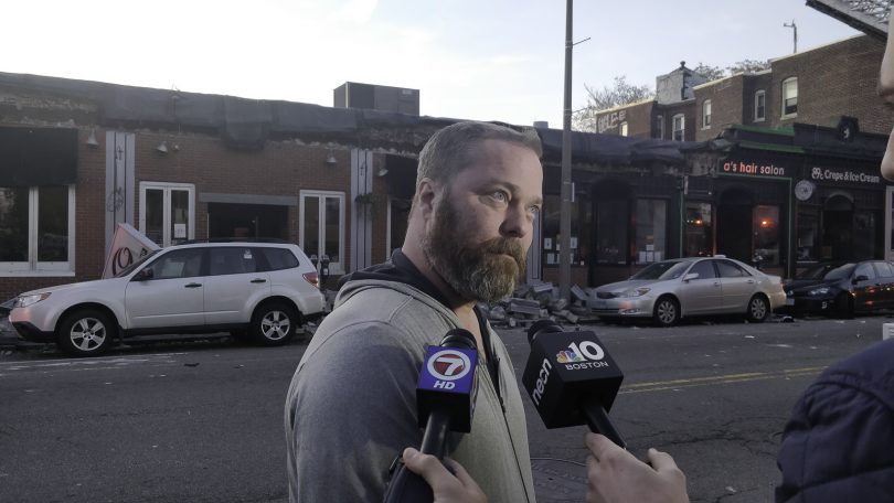 Bob O’Guin, owner of the Common Ground Bar & Grill, addresses the media after a partial roof collapse at Common Ground Bar & Grill in Allston, Nov. 4. Photo by Aaron Ye / BU News Service.